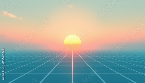 Tranquil sunset over horizon with grid pattern reflecting warm colors