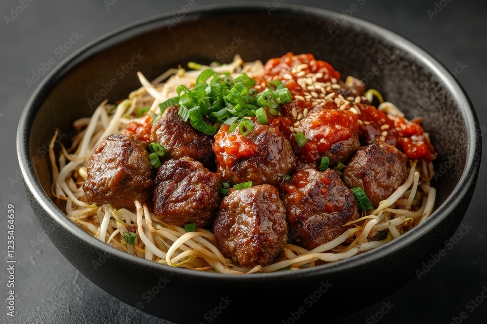 Beef meatballs, bean sprouts, sauce, dark bowl. Asian food Beef meatballs, bean sprouts, sauce, dark bowl. Asian food