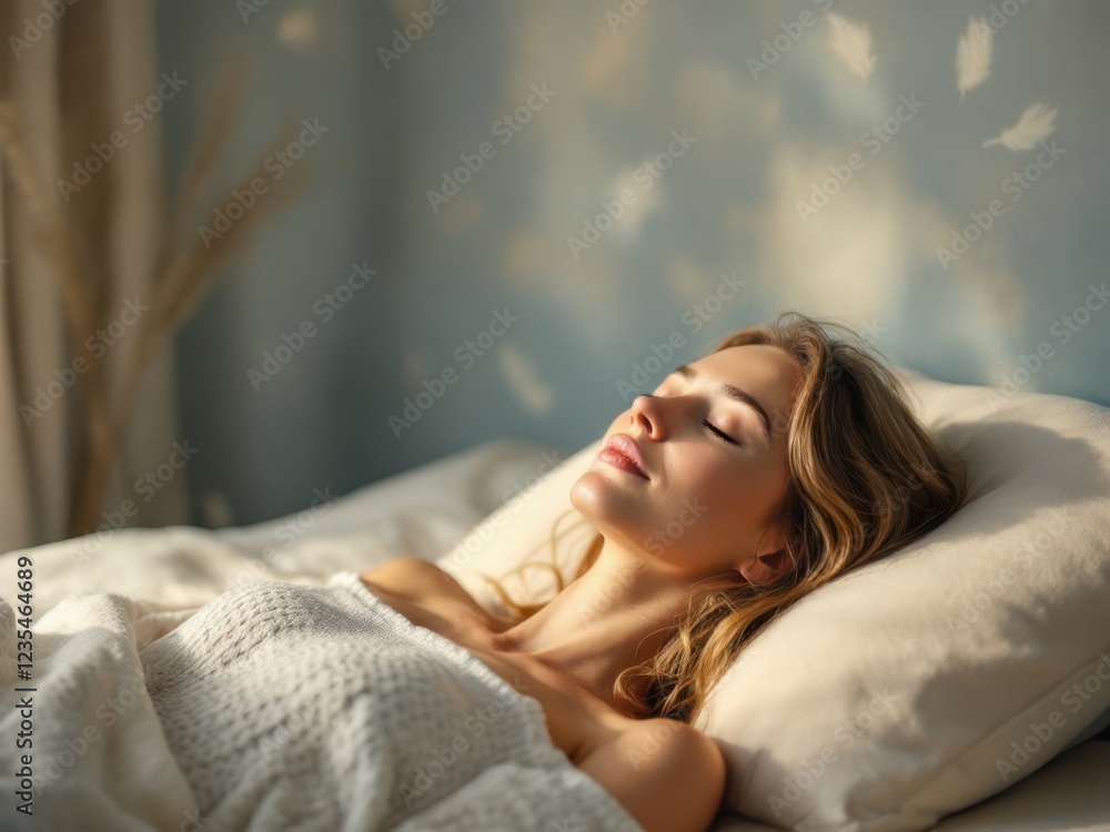 Peaceful young caucasian female relaxing in cozy sunlit bedroom Peaceful young caucasian female relaxing in cozy sunlit bedroom