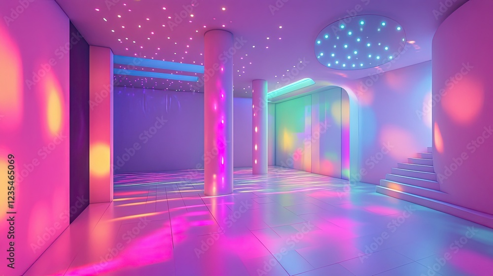 3D studio room with pastel colors and neon rainbow laser lights creating a futuristic and festive atmosphere. 3D studio room with pastel colors and neon rainbow laser lights creating a futuristic and festive atmosphere.