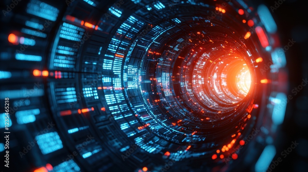 Futuristic glowing digital tunnel with blue and orange lights Futuristic glowing digital tunnel with blue and orange lights