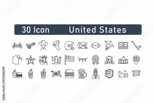 Collection of 35 United States Icons. Line art style icon pack. Vector illustration, editable white background.