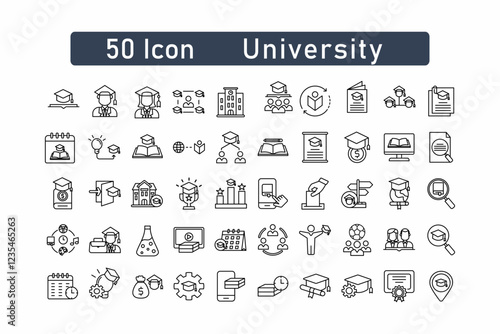 Collection of 50 university icons. higher education design illustration.Line art style icon pack. Vector illustration, editable white background.