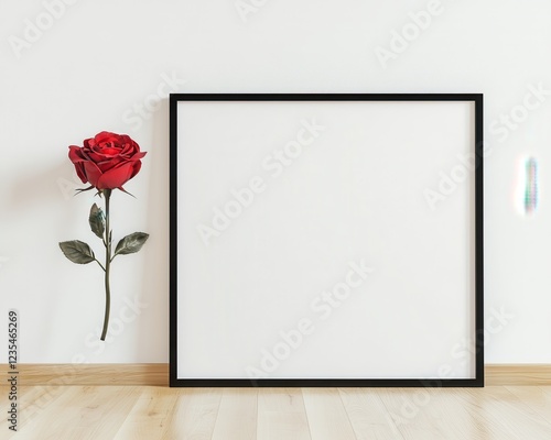 A minimalist design featuring a vibrant red rose beside a blank black-framed canvas on a wooden floor.