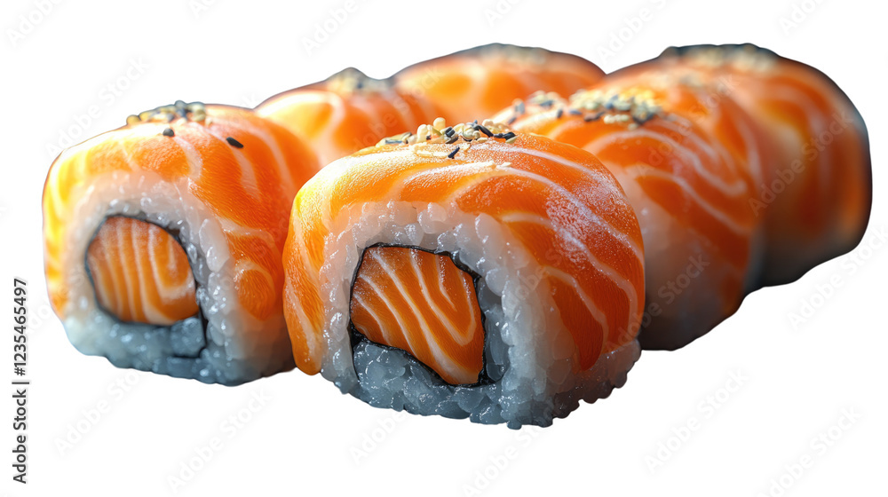 Salmon Sushi Rolls: A delectable platter of eight perfectly formed salmon sushi rolls, glistening with a light dusting of sesame seeds, inviting a culinary adventure.