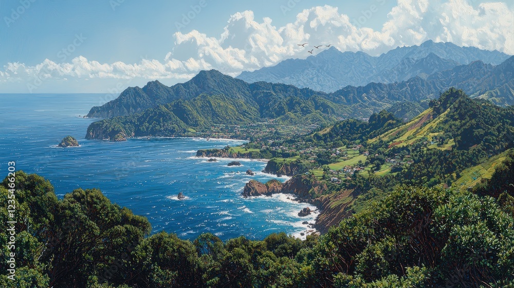 A radiant summer coastline with cliffs draped in lush greenery overlooking sparkling turquoise waters. Waves crash gently against the rocky shore as seagulls circle above. The vibrant sunlight A radiant summer coastline with cliffs draped in lush greenery overlooking sparkling turquoise waters. Waves crash gently against the rocky shore as seagulls circle above. The vibrant sunlight