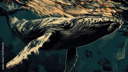 A detailed illustration of a humpback whale swimming upwards, highlighting its unique textures and features. -