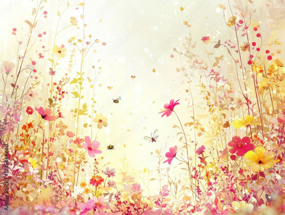 A radiant summer garden filled with blooming flowers in shades of pink, yellow, and red. The sunlight highlights the vibrant petals and fresh greenery, while bees and butterflies add energy A radiant summer garden filled with blooming flowers in shades of pink, yellow, and red. The sunlight highlights the vibrant petals and fresh greenery, while bees and butterflies add energy