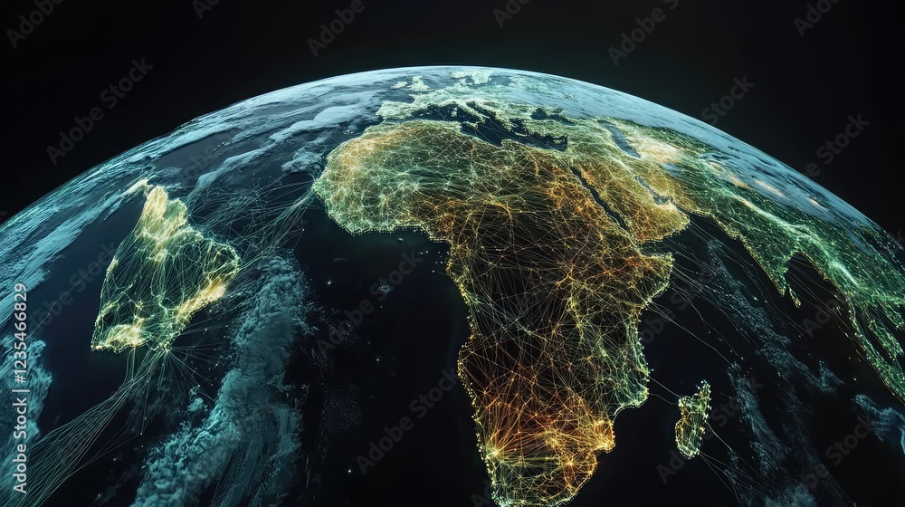 Fototapeta premium A glowing 3D earth visualization, featuring illuminated data streams and connections across continents.