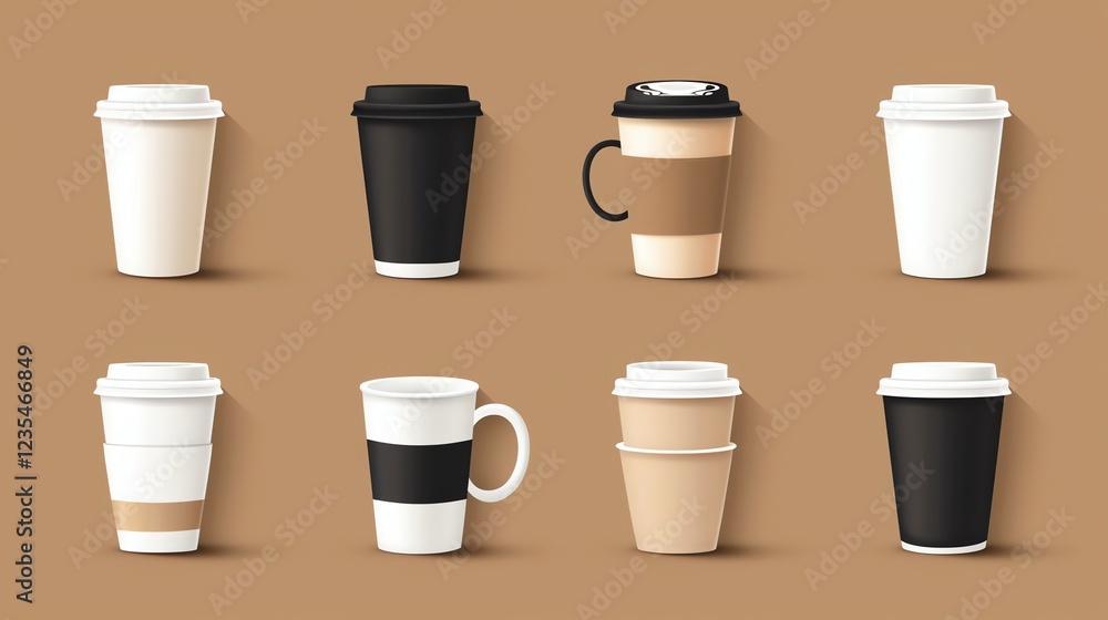 A set of coffee cups in different styles and colors. A set of coffee cups in different styles and colors.