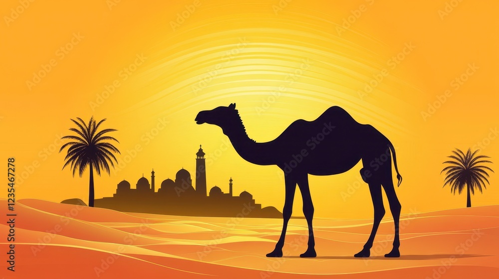 Majestic Camel Silhouette Against Vibrant Desert Sunset Background