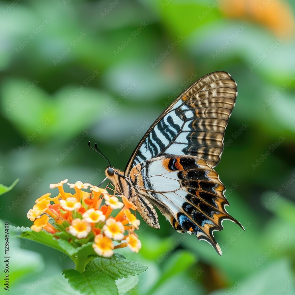 Colorful butterfly perched on vibrant flower in lush greenery Colorful butterfly perched on vibrant flower in lush greenery