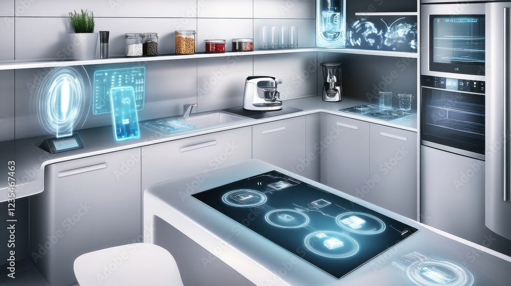 A smart kitchen with appliances connected via IoT technology, Smart kitchen theme, Contemporary style A smart kitchen with appliances connected via IoT technology, Smart kitchen theme, Contemporary style