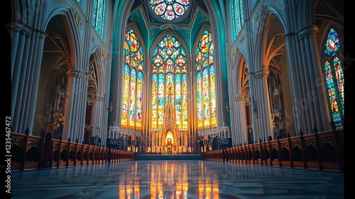 Stunning interior of a grand cathedral showcasing intricate stained glass windows and serene ambiance