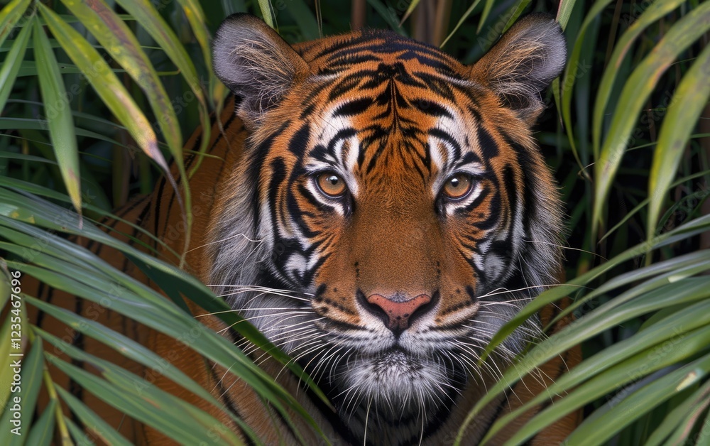 Fototapeta premium Majestic Tiger Emerging from Lush Green Jungle Foliage Close-Up