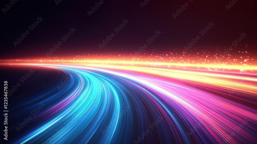 Vibrant neon light trails on dark background illustrate speed and motion Vibrant neon light trails on dark background illustrate speed and motion