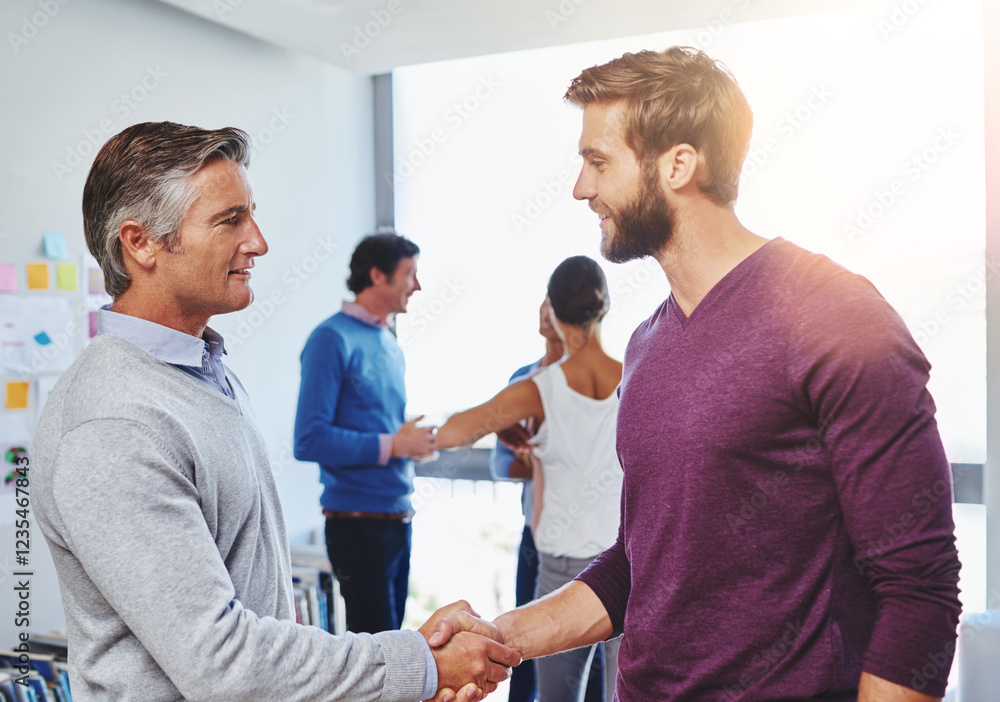 Obraz premium Businessmen, meeting or handshake with team for collaboration, agreement or partnership at office. Male people, colleagues or creative designers shaking hands with smile for project idea at workplace