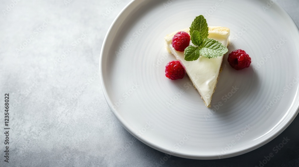 Slice of cheesecake with raspberries and mint on a plate