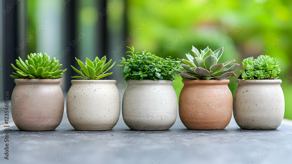 Fototapeta premium Five small green succulent plants in ceramic pots lined up on a stone surface outdoors during daytime.