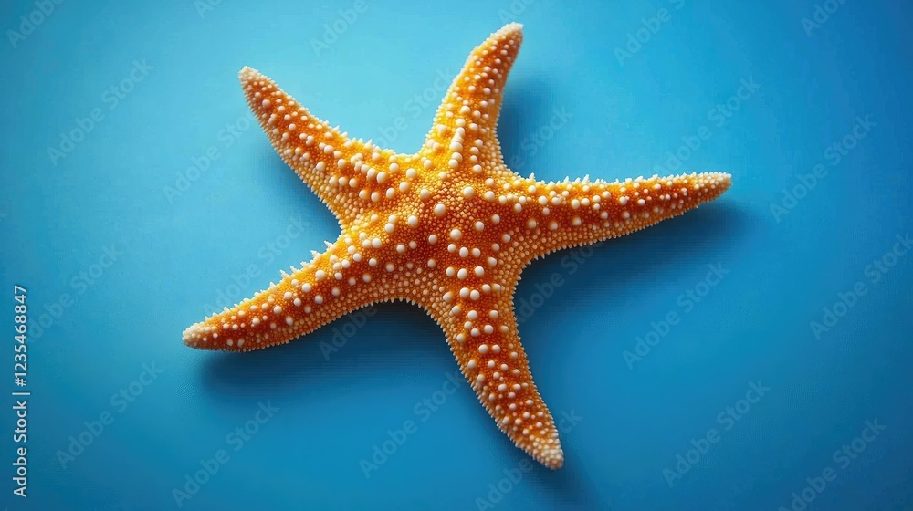A vibrant starfish resting on a bright blue background with ample space for seasonal marketing text or designs. A vibrant starfish resting on a bright blue background with ample space for seasonal marketing text or designs.