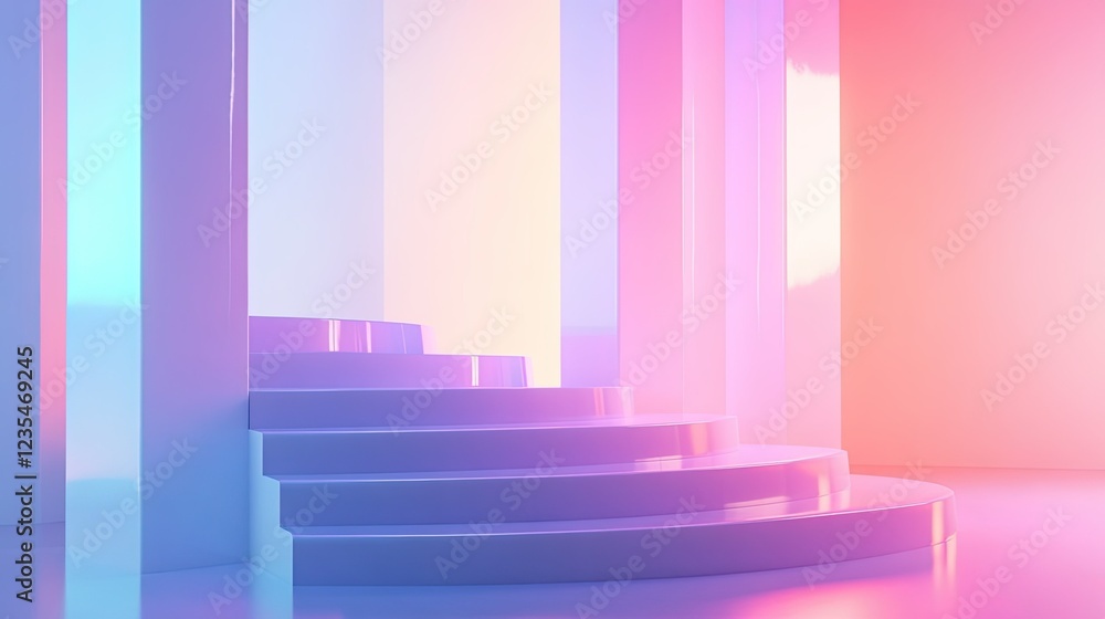 Fototapeta premium Abstract 3D-rendered podium featuring colorful gradient lights in blue, pink, and purple, with a glowing, futuristic ambiance.