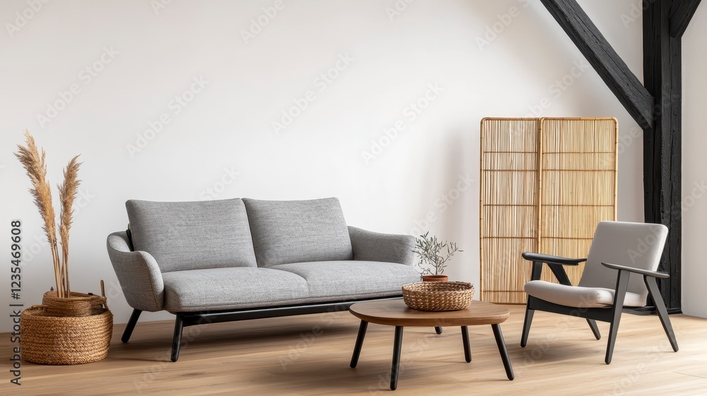 Modern Living Room with Gray Sofa and Natural Decor Elements