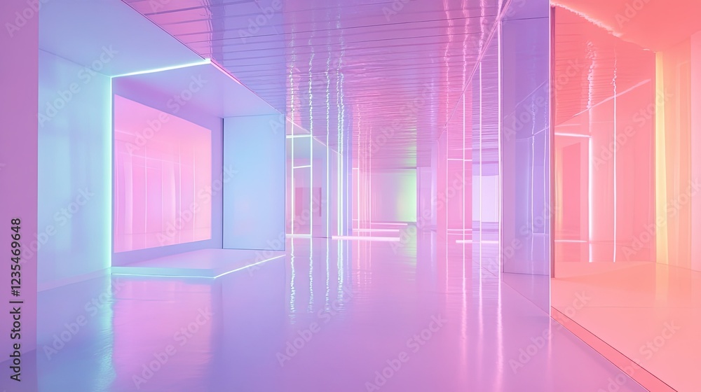 Abstract exhibition space in pastel pink, mint blue, and lavender with neon rainbow light refraction for a surreal look. Abstract exhibition space in pastel pink, mint blue, and lavender with neon rainbow light refraction for a surreal look.