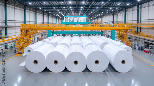 Tissue paper factory, Large rolls of raw material being processed for high-fidelity textile production in an industrial setting.