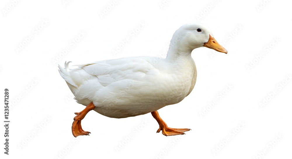 White Domestic Duck Walking Poultry Bird Farm Animal Isolated on White Background White Domestic Duck Walking Poultry Bird Farm Animal Isolated on White Background