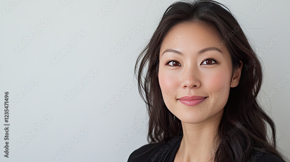 Elegant young woman with long black hair posing against neutral background Elegant young woman with long black hair posing against neutral background