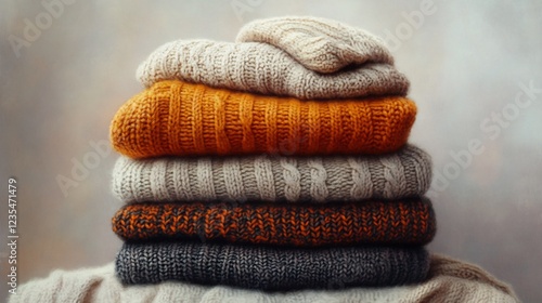 Warm earth-toned sweaters stacked neatly softly lit autumnal ambiance. AI Generated