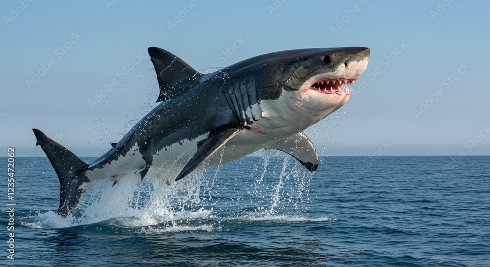 Fototapeta premium Majestic Great White Shark Breaching Ocean Surface Dramatic Wildlife Scene
