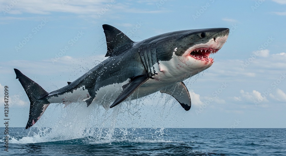 Fototapeta premium Majestic Great White Shark Breaching Ocean Surface Powerful Predator in Action