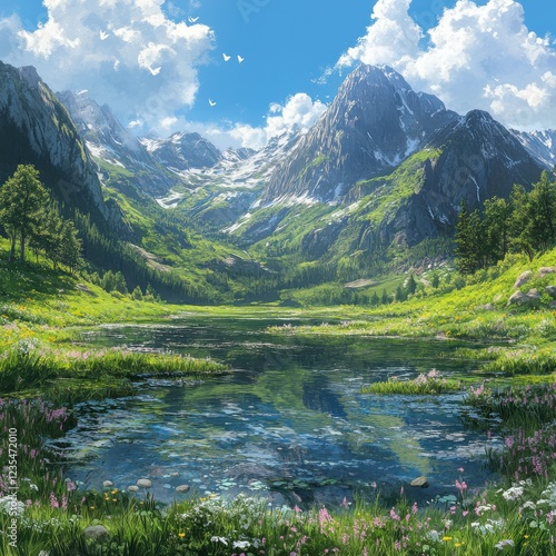 A serene landscape featuring majestic mountains, a clear lake, lush greenery, and fluffy clouds under a bright blue sky.