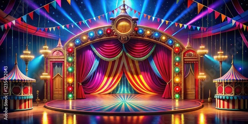A vibrant colorful circus stage with elaborate festive lighting, festive, stage,  festive