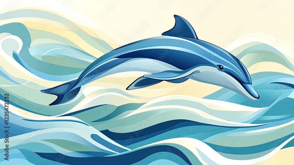 Obraz premium An abstract illustration of a dolphin surrounded by flowing waves, with ample copy space for text or branding.