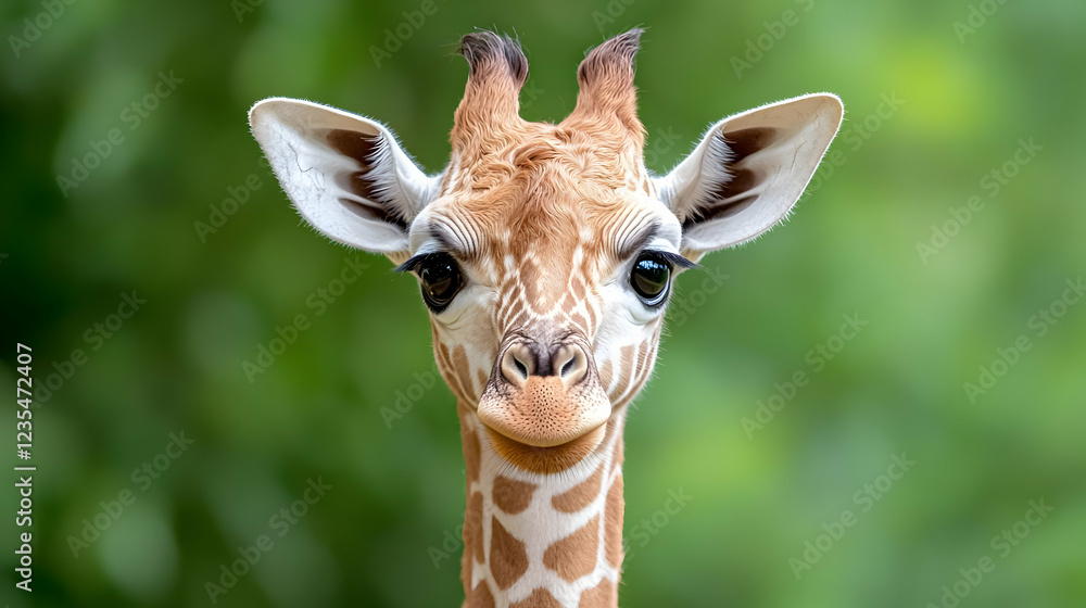 Obraz premium Baby giraffe portrait, wildlife park, green background, nature