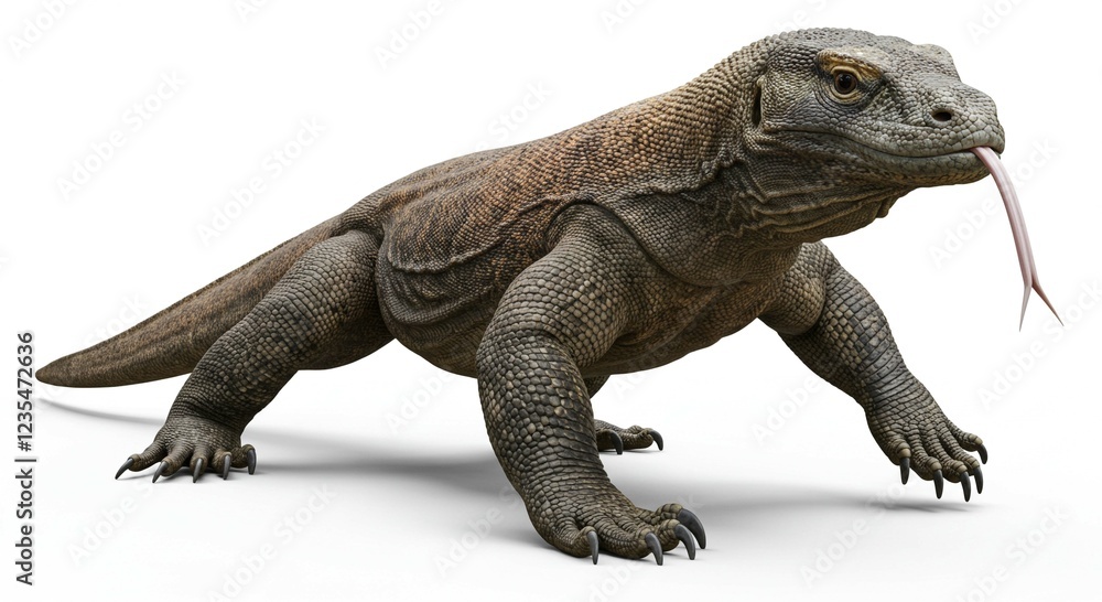 Obraz premium Powerful Komodo Dragon Reptile Walking Isolated on White Background