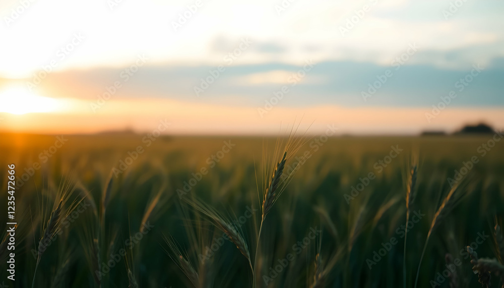 Obraz premium Golden wheat field at sunset, warm glow, rural landscape, hazy sky, low horizon, soft focus, dreamy atmosphere, pastoral scene, summer evening, nature photography, golden hour lighting, tranquil count