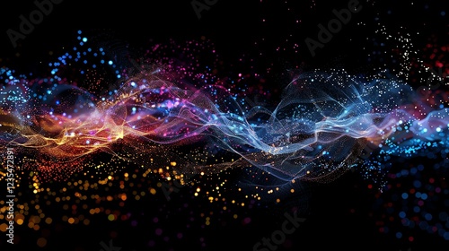 Abstract colorful wave of particles on a black background.