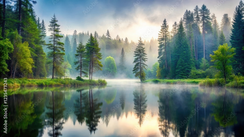 Serene forest pond surrounded by tall trees and covered in a thick layer of fog, calm environment, natural scenery