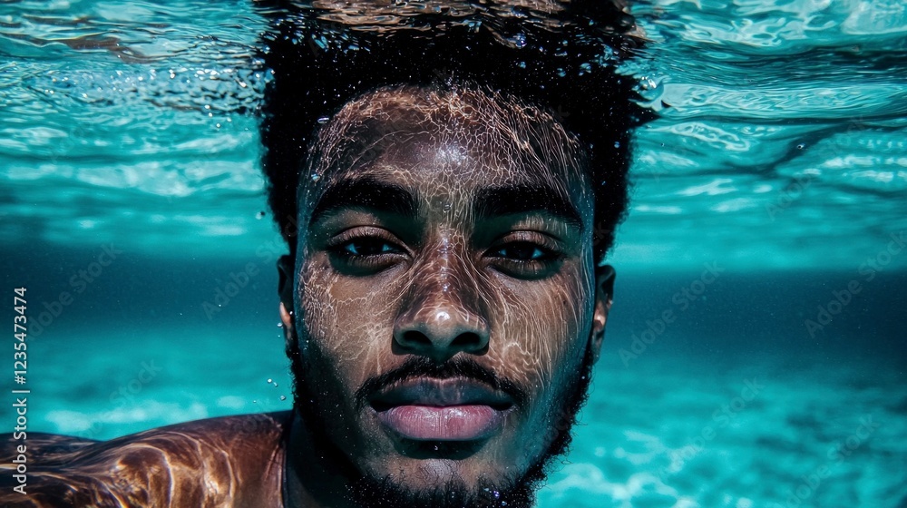Fototapeta premium Underwater Man Portrait Serenity Black Man Swimming Water Close up Face Ocean Teal
