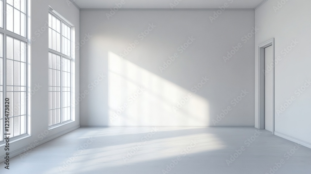 Sunlit Empty Room with Large Windows and Sliding Door - Modern Minimalist Interior Design Sunlit Empty Room with Large Windows and Sliding Door - Modern Minimalist Interior Design
