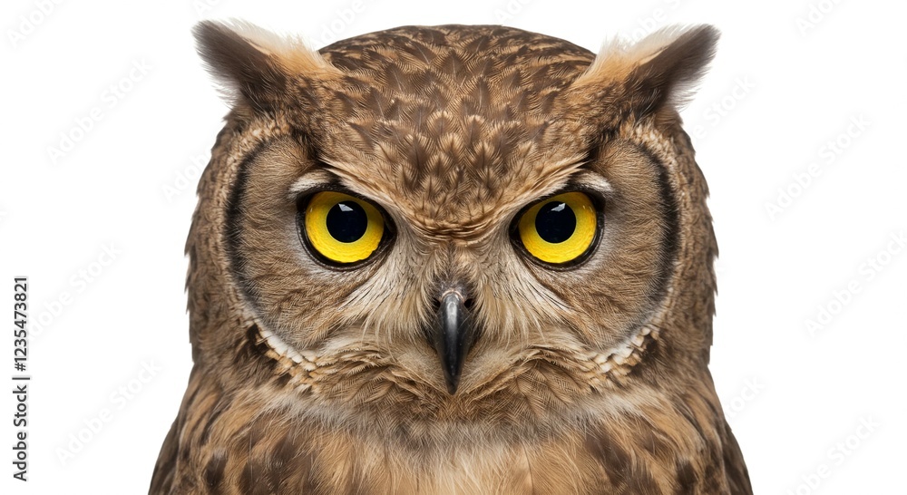 Naklejka premium Close up Portrait of a Majestic Brown Owl with Bright Yellow Eyes Isolated on White Background