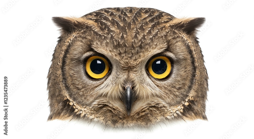 Fototapeta premium Majestic Owl Portrait Close up of a Brown Owl s Face with Intense Yellow Eyes on White Background
