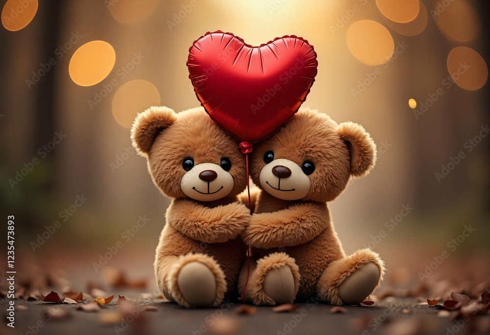 Two teddy bears with a red heart shaped balloon on blurred background. Cute toy bear couple hugging and holding heart. Valentine's Day. Love and romantic concept Two teddy bears with a red heart shaped balloon on blurred background. Cute toy bear couple hugging and holding heart. Valentine's Day. Love and romantic concept