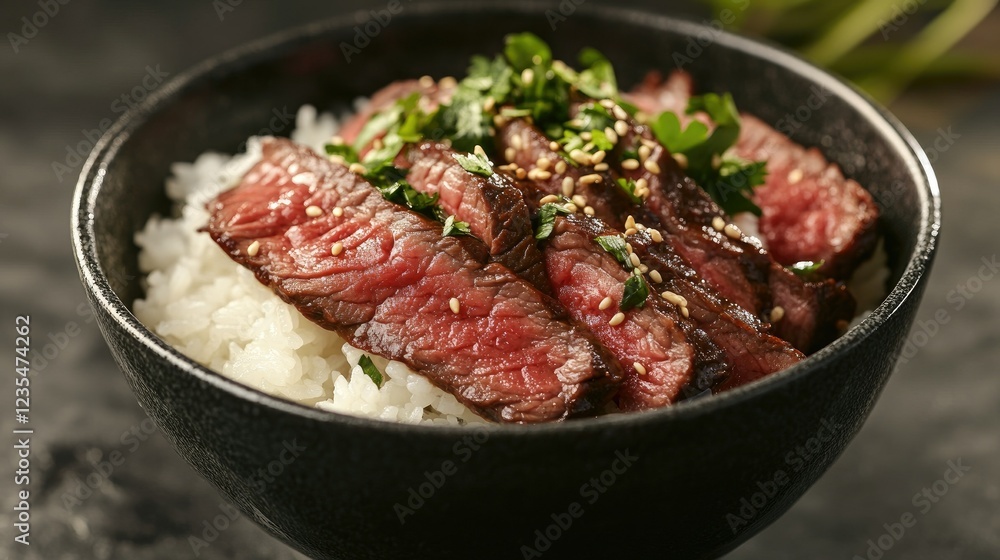 Delicious Beef Steak Slices on Rice with Fresh Herbs and Garnish Delicious Beef Steak Slices on Rice with Fresh Herbs and Garnish