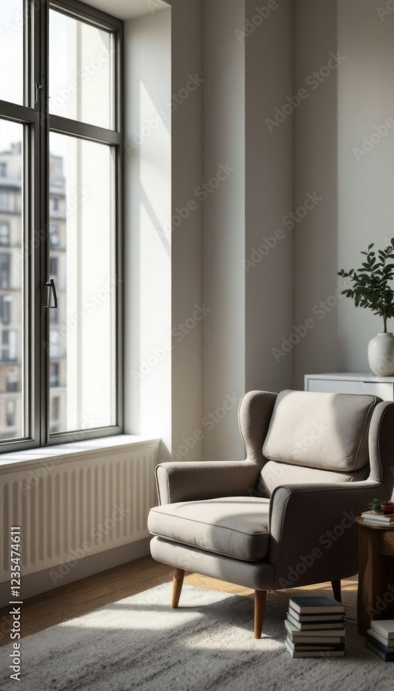 Fototapeta premium Cozy modern living room with armchair by bright window and potted plant