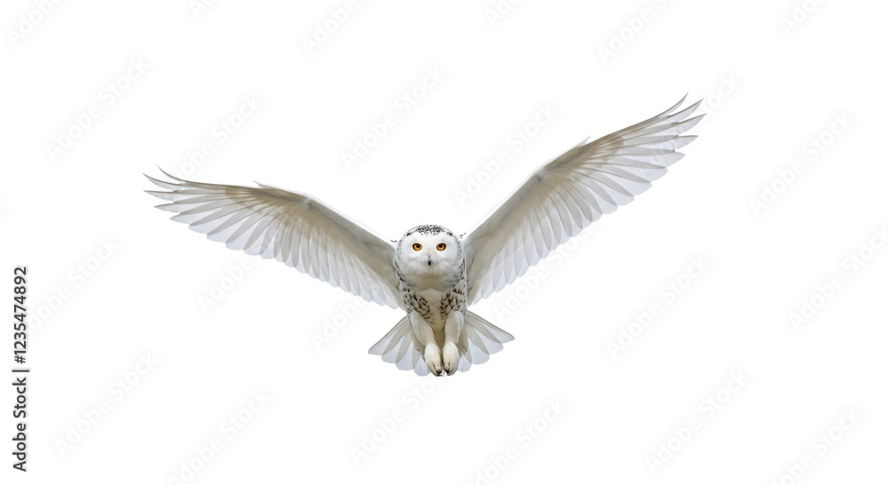Obraz premium Majestic Snowy Owl in Flight Wings Spread Wide Isolated on White Background
