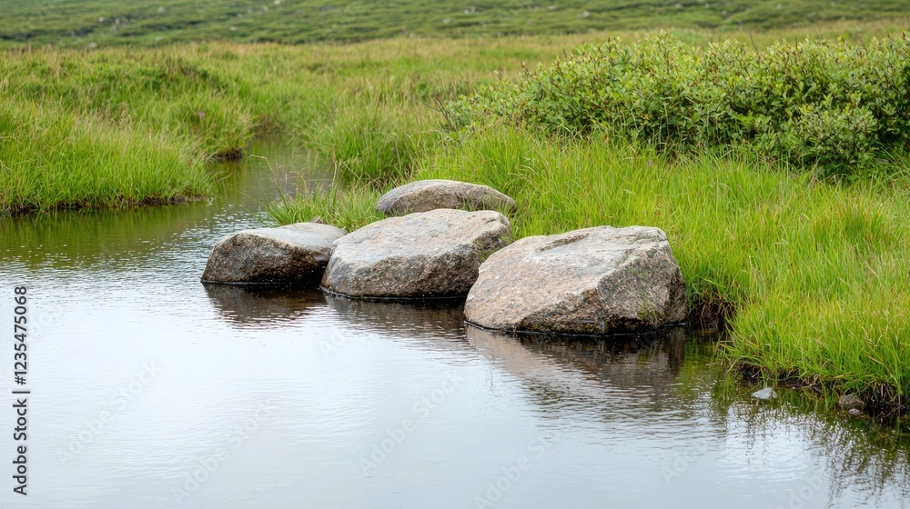 Rocks in calm mountain stream, green meadow background, nature scene Rocks in calm mountain stream, green meadow background, nature scene